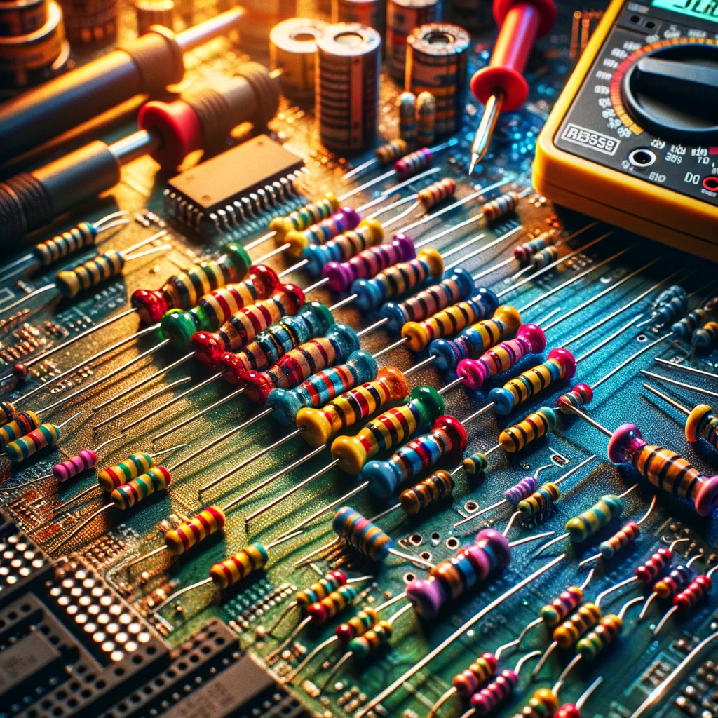 "Color-coded resistors on an electronics workshop bench with soldering and testing tools."