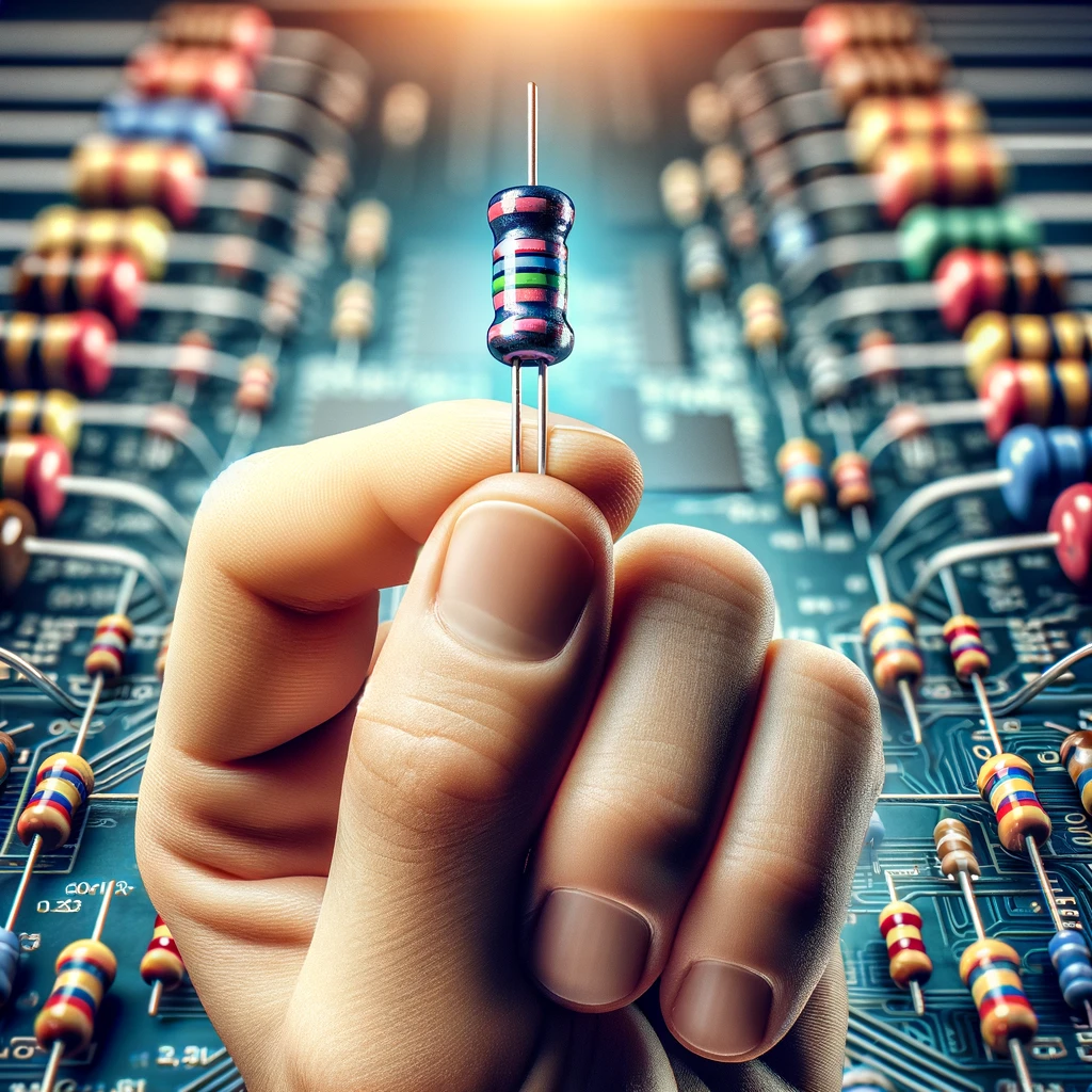 "Close-up of a hand holding a resistor with colorful bands against an electronic background."