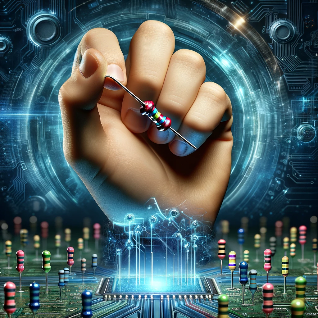 Close-up of a hand holding a resistor with colorful bands against a futuristic electronic background.