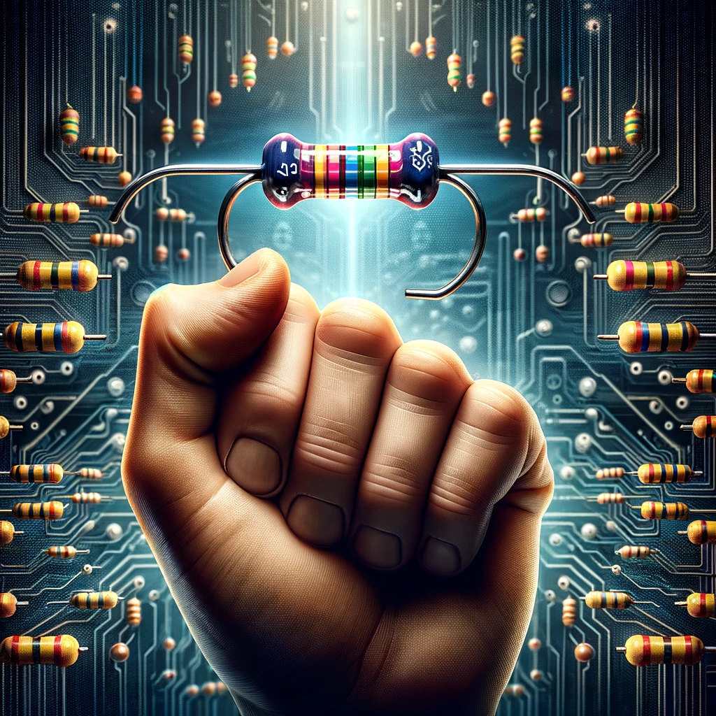 "Close-up of a hand holding a resistor with colorful bands against an abstract digital background."