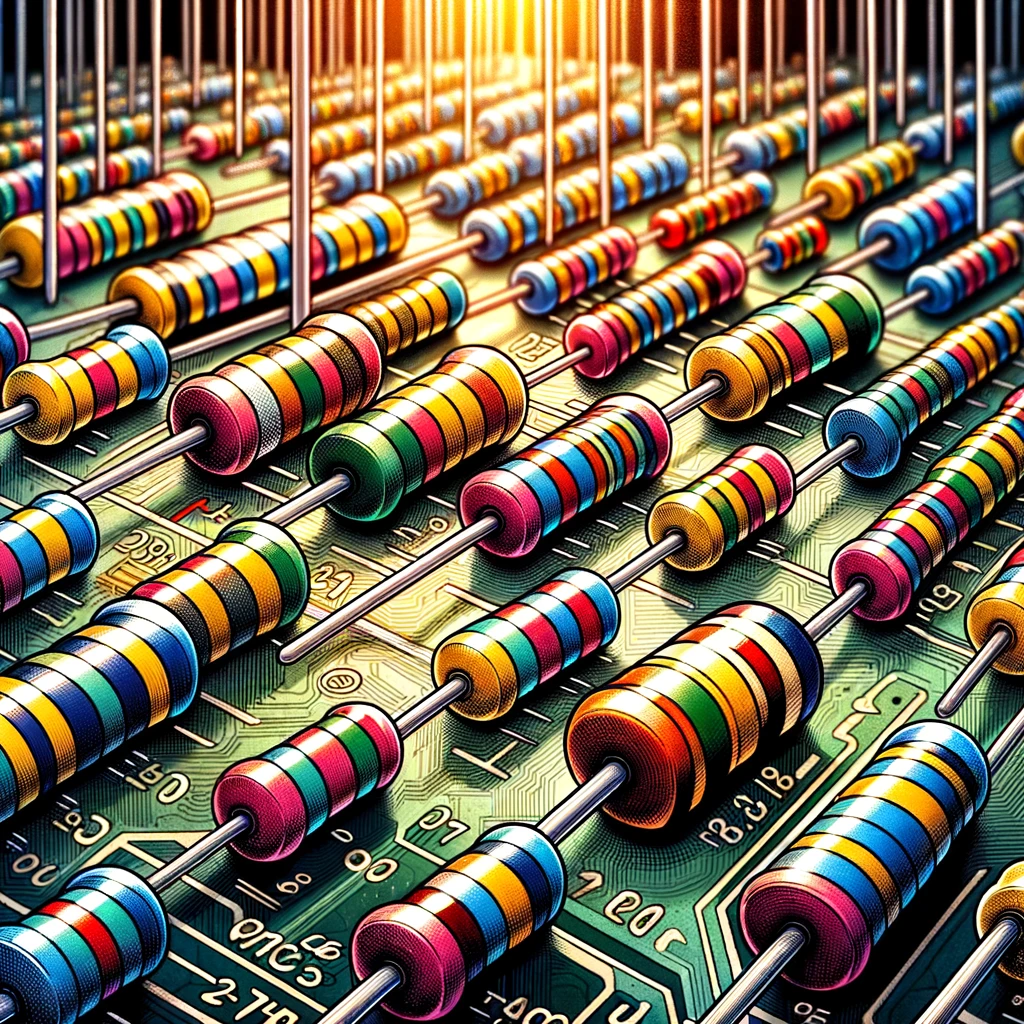 Illustration of various resistors with colorful bands on a circuit board.