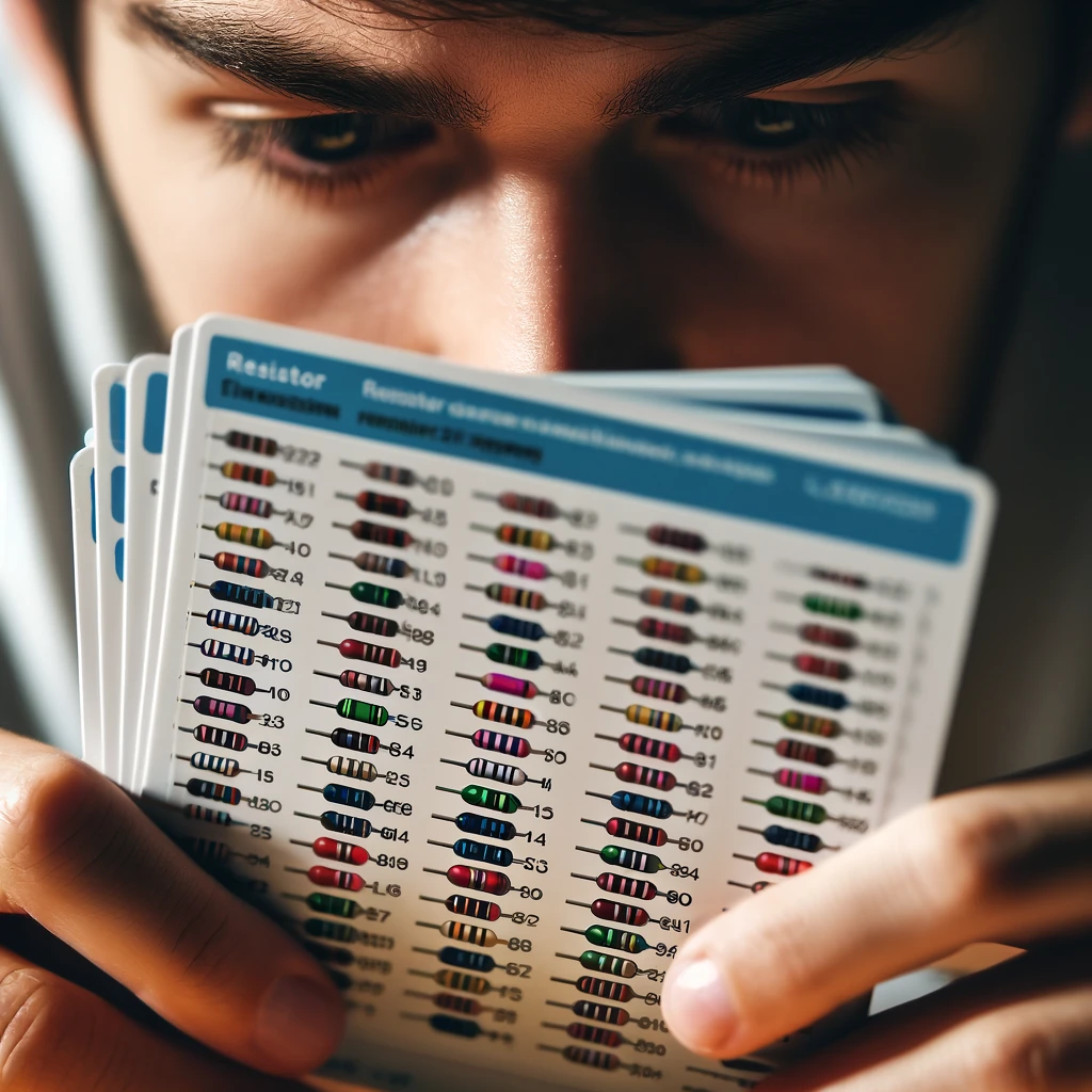 Close-up of a person using flashcards to study resistor color codes, with the flashcards displaying different colors and values.