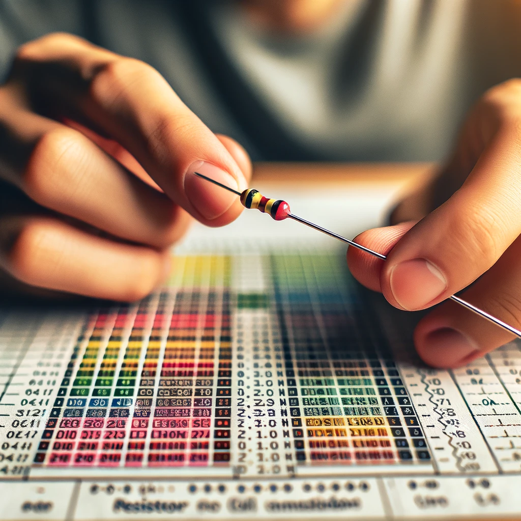 Close-up of a person using a resistor color code chart to calculate resistor values, holding a resistor and matching its color bands to the chart.