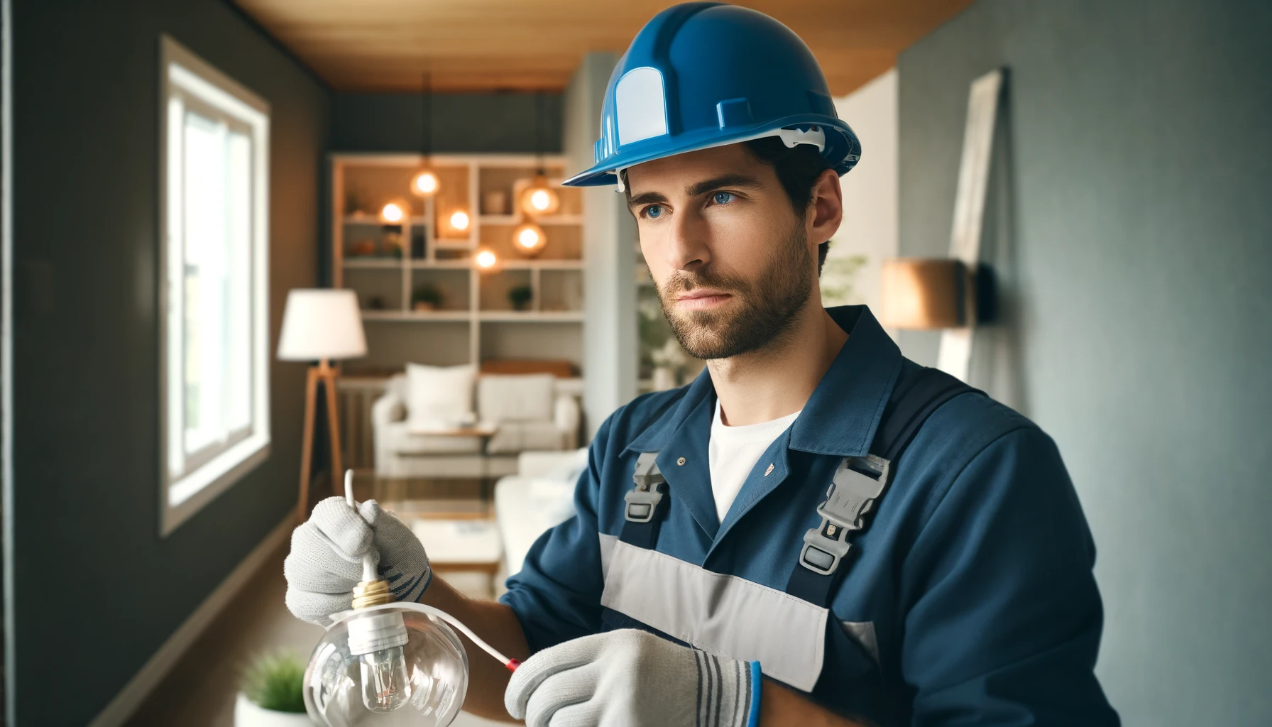 A professional electrician in Kanata installs a modern light fixture in a stylishly decorated home. The electrician, a Caucasian male, is dressed in a blue uniform and safety helmet, focusing intently on connecting wires.