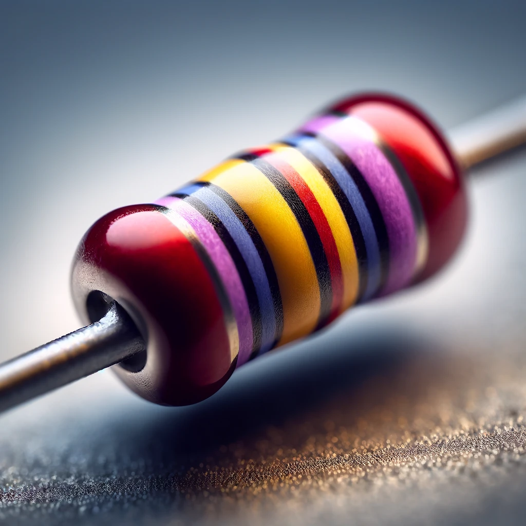 Close-up of a resistor with red, violet, yellow, and gold color bands, with a blurred background to focus on the resistor's details.