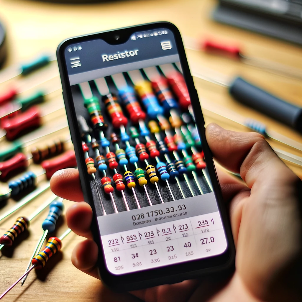 Close-up of a smartphone screen showing a resistor color code calculator app interface with selectable color bands and calculated resistor value.