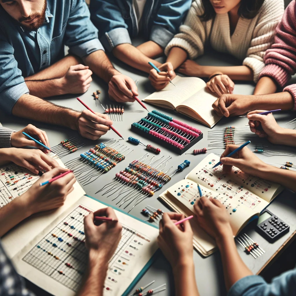 Group of people studying resistor color codes at a table, using resistors, color charts, and notebooks, all engaged in learning.