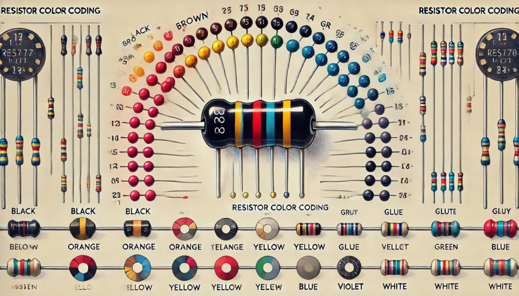 Educational diagram showing how to understand resistor color coding, with a resistor and color code chart, listing colors like black, brown, red, orange, yellow, green, blue, violet, gray, and white.