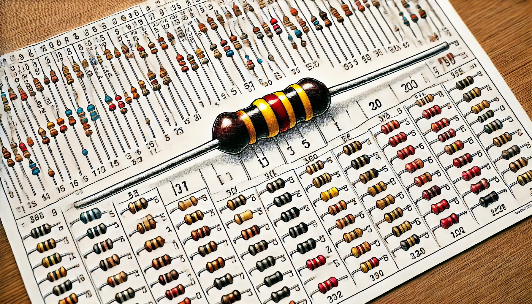 A wide illustration showing how to decode resistor color bands, featuring a resistor with brown, black, red, and gold bands, alongside a color code chart on a white background.