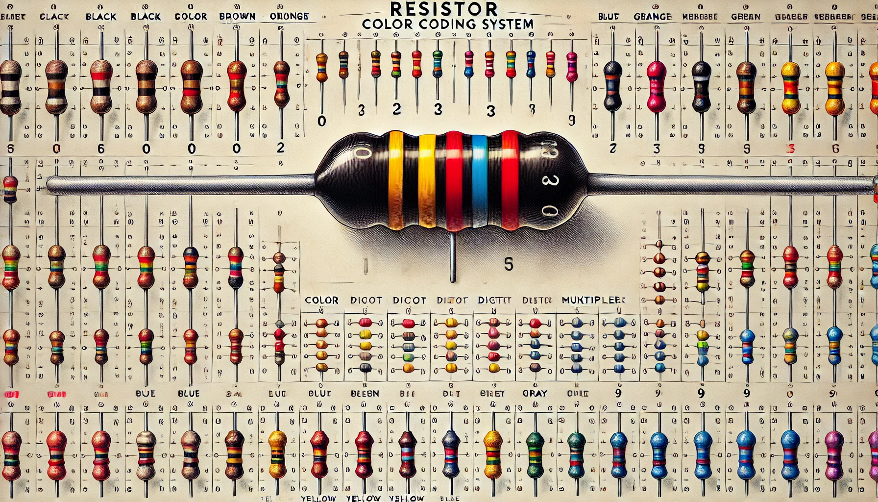 A detailed illustration of the resistor color coding system with a resistor showing color bands and a chart explaining the color bands' values and multipliers.