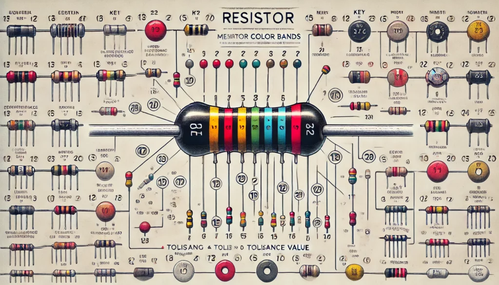 A detailed infographic titled "What Do Resistor Color Bands Mean" showing a resistor with colored bands and a key explaining each color's value and tolerance. The image is designed for educational purposes.