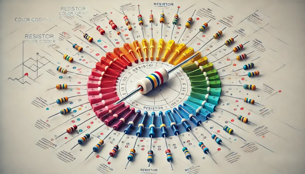 "Infographic explaining the importance of resistor color coding with a resistor chart, labeled color bands, and arrows showing each band's significance."